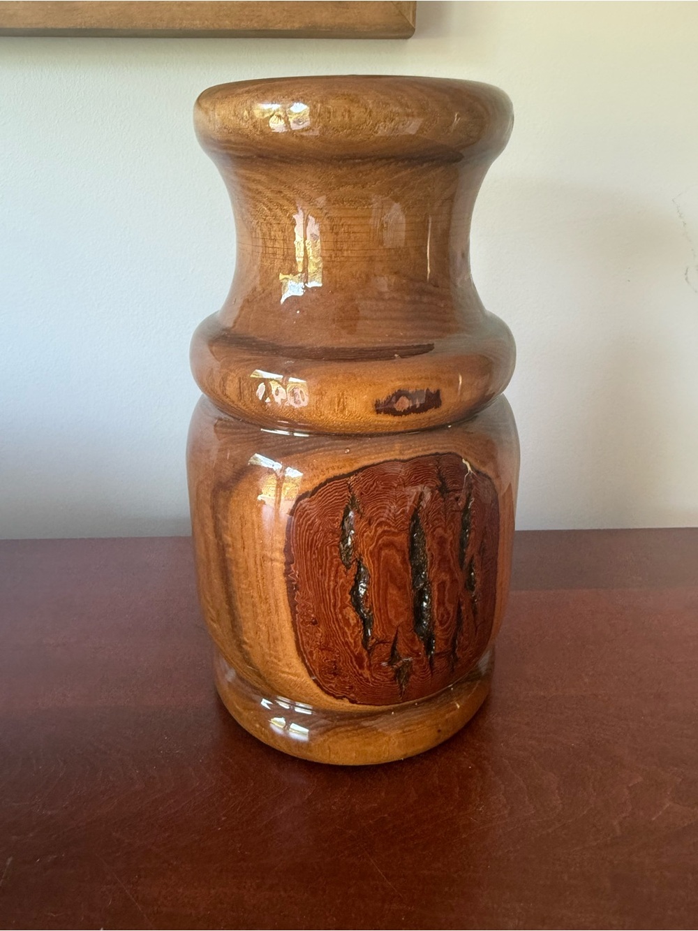Vintage hand turned knotty wood vase with resin